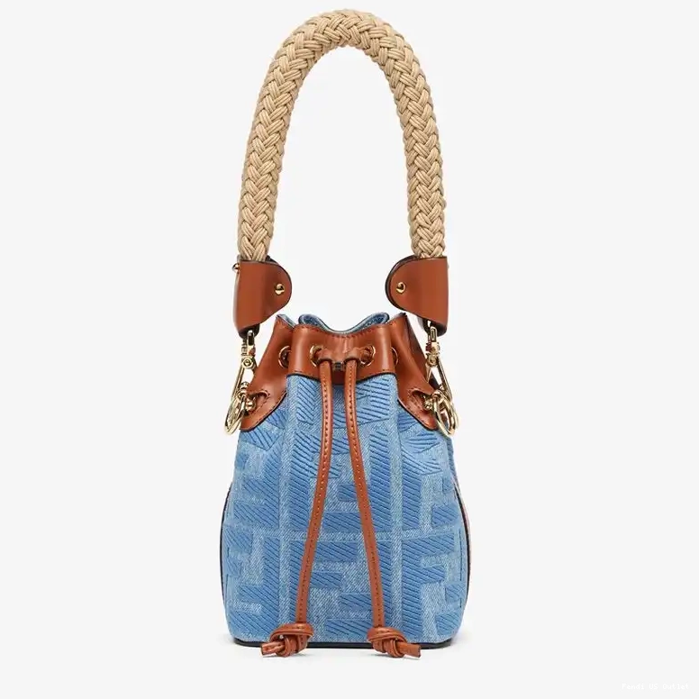 Affordable HOT Bag with FF Blue Mini Bucket In Handle Mon Straw Tresor Motif Straw Fendi 0616